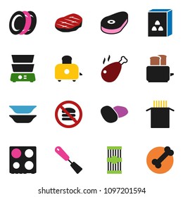 solid vector ixon set - spatula vector, toaster, oven, double boiler, plates, cereal, pasta, potato, steak, chicken leg, no fastfood, bone