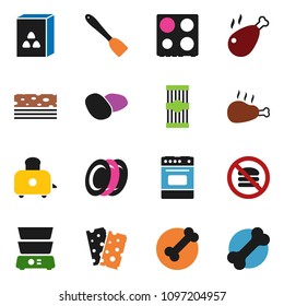 solid vector ixon set - spatula vector, toaster, oven, double boiler, plates, cereal, pasta, potato, chicken leg, breads, no fastfood, bone