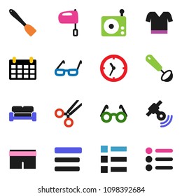 solid vector ixon set - spatula vector, ladle, mixer, glasses, calendar, shorts, t shirt, clock, radio, satellitie, scissors, menu, cushioned furniture