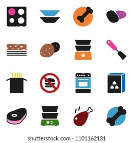 solid vector ixon set - spatula vector, oven, double boiler, plates, cereal, pasta, potato, steak, chicken leg, breads, no fastfood, bone