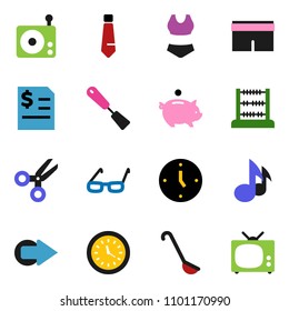 solid vector ixon set - spatula vector, ladle, glasses, scissors, abacus, music, piggy bank, annual report, clock, tie, shorts, swimsuite, radio, arrow, tv