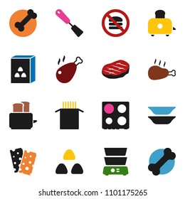 solid vector ixon set - spatula vector, toaster, oven, double boiler, plates, cereal, pasta, steak, chicken leg, breads, no fastfood, bone
