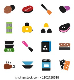 solid vector ixon set - spatula vector, toaster, oven, double boiler, plates, cereal, pasta, potato, steak, chicken leg, breads