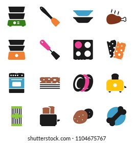 solid vector ixon set - spatula vector, toaster, oven, double boiler, plates, pasta, potato, chicken leg, breads, bone