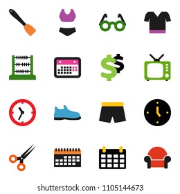 solid vector ixon set - spatula vector, glasses, abacus, clock, calendar, dollar sign, snickers, shorts, swimsuite, t shirt, tv, scissors, cushioned furniture