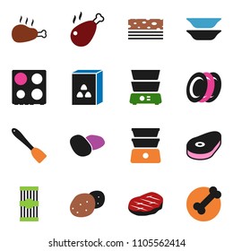 solid vector ixon set - spatula vector, oven, double boiler, plates, cereal, pasta, potato, steak, chicken leg, breads, bone