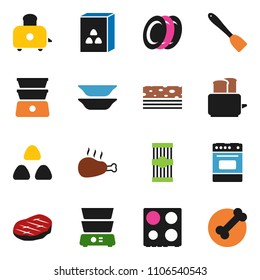 solid vector ixon set - spatula vector, toaster, oven, double boiler, plates, cereal, pasta, steak, chicken leg, breads, bone