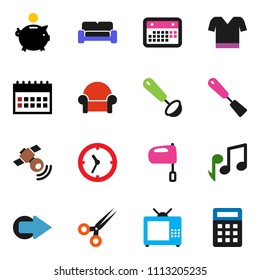 solid vector ixon set - spatula vector, ladle, mixer, music, piggy bank, calendar, t shirt, clock, satellitie, scissors, arrow, cushioned furniture, tv, calculator