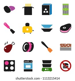 solid vector ixon set - spatula vector, toaster, oven, double boiler, plates, cereal, pasta, potato, steak, chicken leg, breads, no fastfood