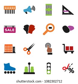solid vector ixon set - spices vector, pasta, potato, corner ruler, boxing glove, roller Skates, traffic light, cargo, search, loudspeaker, touchscreen, scissors, hub, sale signboard, apartments