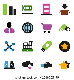 solid vector ixon set - spices vector, cart, manager, money, sorting, favorites, pills, network, cloud shield, usb modem, lan connector, globe, building, cashbox, package, star