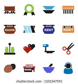 solid vector ixon set - spices vector, plates, potato, medal, Railway carriage, big scales, heart, scissors, mortar, bandage, hub, rent signboard, rooms, mall, support