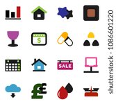 solid vector ixon set - splotch vector, cereal, graph, dollar calendar, pound, pills, glass, stop button, blood drop, notebook network, cloud download, house, sale signboard, home, store scales