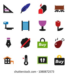 solid vector ixon set - splotch vector, welcome mat, washboard, thermometer, chicken leg, pen, corner ruler, Railway carriage, glass, tulip, big scales, cottage, mailbox, buy