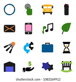 solid vector ixon set - splotch vector, cleaning agent, school bus, music, leaf, case, investment, sand clock, cent sign, shuttlecock, hoop, mobile phone, touchscreen, mail, barn, crib