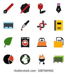solid vector ixon set - splotch vector, washer, kettle, bbq, copybook, pen, leaf, pie graph, earth, document, tulip, dna, dropper, barcode