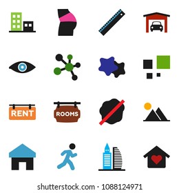 solid vector ixon set - splotch vector, ruler, buttocks, molecule, run, eye, home, loading, mountain, garage, rent signboard, rooms, apartments, office building, love