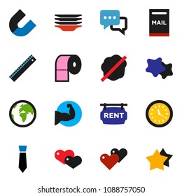 solid vector ixon set - splotch vector, plates, toilet paper, ruler, magnet, tie, muscule hand, earth, clock, dialog, heart, mailbox, rent signboard, star