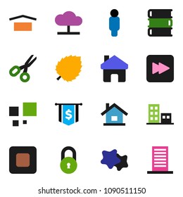 solid vector ixon set - splotch vector, book, scissors, leaf, man, dollar flag, dry cargo, stop button, forward, cloud network, home, loading, lock, house, apartments, building