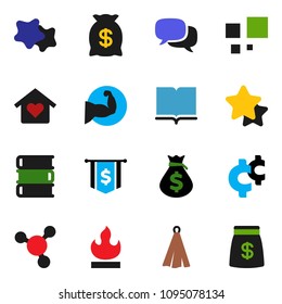 solid vector ixon set - splotch vector, towel, book, molecule, money bag, dollar flag, cent sign, muscule hand, flammable, dialog, loading, love home, star