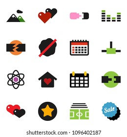 solid vector ixon set - splotch vector, atom, calendar, stadium, equalizer, favorites, heart, connect, connection, disconnection, mountain, love home, sale