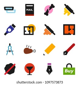solid vector ixon set - splotch vector, rolling pin, chicken leg, pen, pencil, drawing compass, glass, hdmi, broken bone, mailbox, plan, buy