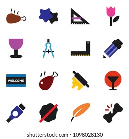 solid vector ixon set - splotch vector, welcome mat, rolling pin, chicken leg, pen, pencil, corner ruler, drawing compass, glass, tulip, hdmi, broken bone
