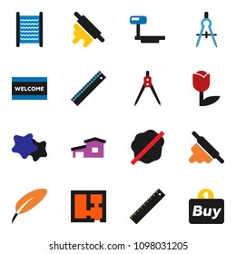 solid vector ixon set - splotch vector, welcome mat, washboard, rolling pin, pen, ruler, drawing compass, tulip, big scales, cottage, plan, buy