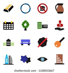 solid vector ixon set - splotch vector, jug, school building, gold ingot, calendar, no fastfood, hoop, client, eye, bench, fruit tree, office, key