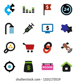 solid vector ixon set - splotch vector, shower, target, dollar flag, monitor, cent sign, satellitie, equalizer, syringe, chain, rooms signboard, client search, money bag, 24 hour, cart, home