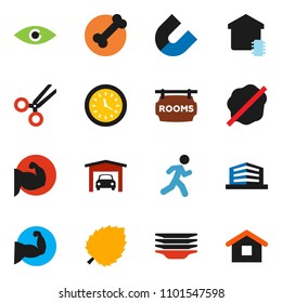 solid vector ixon set - splotch vector, plates, magnet, leaf, muscule hand, bone, run, clock, eye, scissors, garage, rooms signboard, office building, smart home