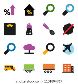 solid vector ixon set - splotch vector, skimmer, hand mill, school bus, magnifier, percent growth, scales, plane, truck trailer, cloud network, apartments