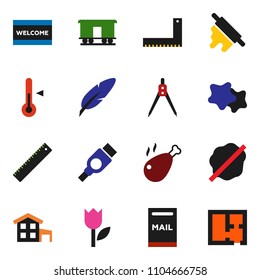 solid vector ixon set - splotch vector, welcome mat, rolling pin, thermometer, chicken leg, pen, corner ruler, drawing compass, tulip, Railway carriage, hdmi, cottage, mailbox, plan
