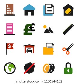 solid vector ixon set - splotch vector, plates, ruler, dollar flag, pound, earth, document, scissors, home, mountain, garage, smart, building, lock