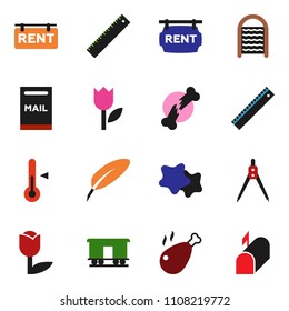 solid vector ixon set - splotch vector, washboard, thermometer, chicken leg, pen, ruler, drawing compass, tulip, Railway carriage, broken bone, mailbox, rent signboard