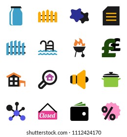 solid vector ixon set - splotch vector, pan, bbq, jar, document, molecule, wallet, pound, pool, speaker, cottage, fence, search estate, closed, percent