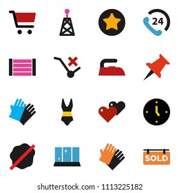solid vector ixon set - splotch vector, iron, rubber glove, shining window, cart, clock, swimsuite, phone 24, wood box, no trolley, antenna, favorites, heart, thumbtack, sold signboard