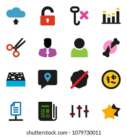 solid vector ixon set - sponge vector, splotch, manager, traking, no hook, newspaper, settings, equalizer, scissors, broken bone, microbs, cloud upload, network document, user, unlock, star