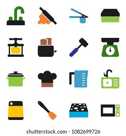 solid vector ixon set - sponge vector, sink, water tap, pan, measuring cup, scales, cook hat, press, spatula, rolling pin, meat hammer, cutting board, toaster, microwave oven