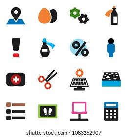 solid vector ixon set - sponge vector, welcome mat, egg, man, first aid kit, map pin, scissors, potion, notebook network, gear, menu, attention sign, solar panel, percent, calculator