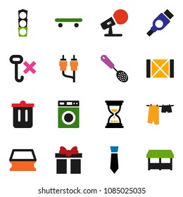 solid vector ixon set - sponge vector, trash bin, drying clothes, washer, skimmer, sand clock, tie, skateboard, traffic light, wood box, no hook, microphone, rca, hdmi, gift, market