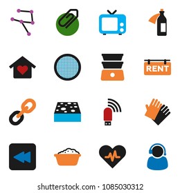 solid vector ixon set - sponge vector, foam basin, rubber glove, double boiler, sieve, tv, link, backward button, heart pulse, potion, network, usb modem, attachment, rent signboard, love home
