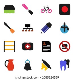 solid vector ixon set - sponge vector, towel, spatula, rolling pin, jug, pencil, personal information, hierarchy, bike, no fastfood, first aid kit, route, shelving, rec button, tooth