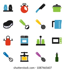 solid vector ixon set - sponge vector, pan, measuring cup, apron, cook timer, press, whisk, skimmer, ladle, knife, microwave oven, spices, oil