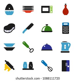 solid vector ixon set - sponge vector, plates, kettle, oil, cook timer, whisk, knife, rolling pin, grater, microwave oven, spices, dish, fridge