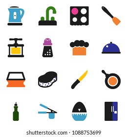 solid vector ixon set - sponge vector, water tap, pan, kettle, cook hat, timer, press, spatula, knife, hand mill, oven, dish, oil, fridge