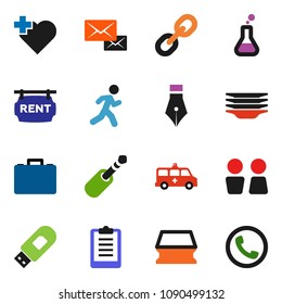 solid vector ixon set - sponge vector, plates, water closet, pen, case, clipboard, heart cross, run, link, jack, flask, amkbulance car, usb modem, mail, rent signboard, phone