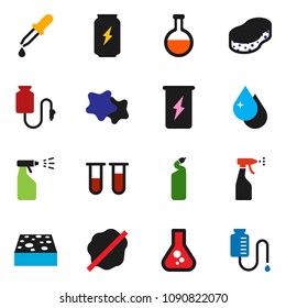 solid vector ixon set - sponge vector, water drop, splotch, sprayer, cleaning agent, flask, enegry drink, vial, dropper, counter