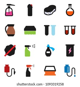 solid vector ixon set - sponge vector, splotch, liquid soap, sprayer, cleaning agent, jug, enegry drink, flask, vial, potion, drop counter