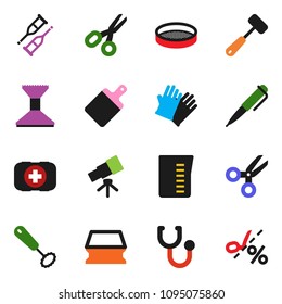 solid vector ixon set - sponge vector, car fetlock, rubber glove, measuring cup, whisk, meat hammer, cutting board, sieve, pen, telescope, scissors, first aid kit, crutches, stethoscope, coupon